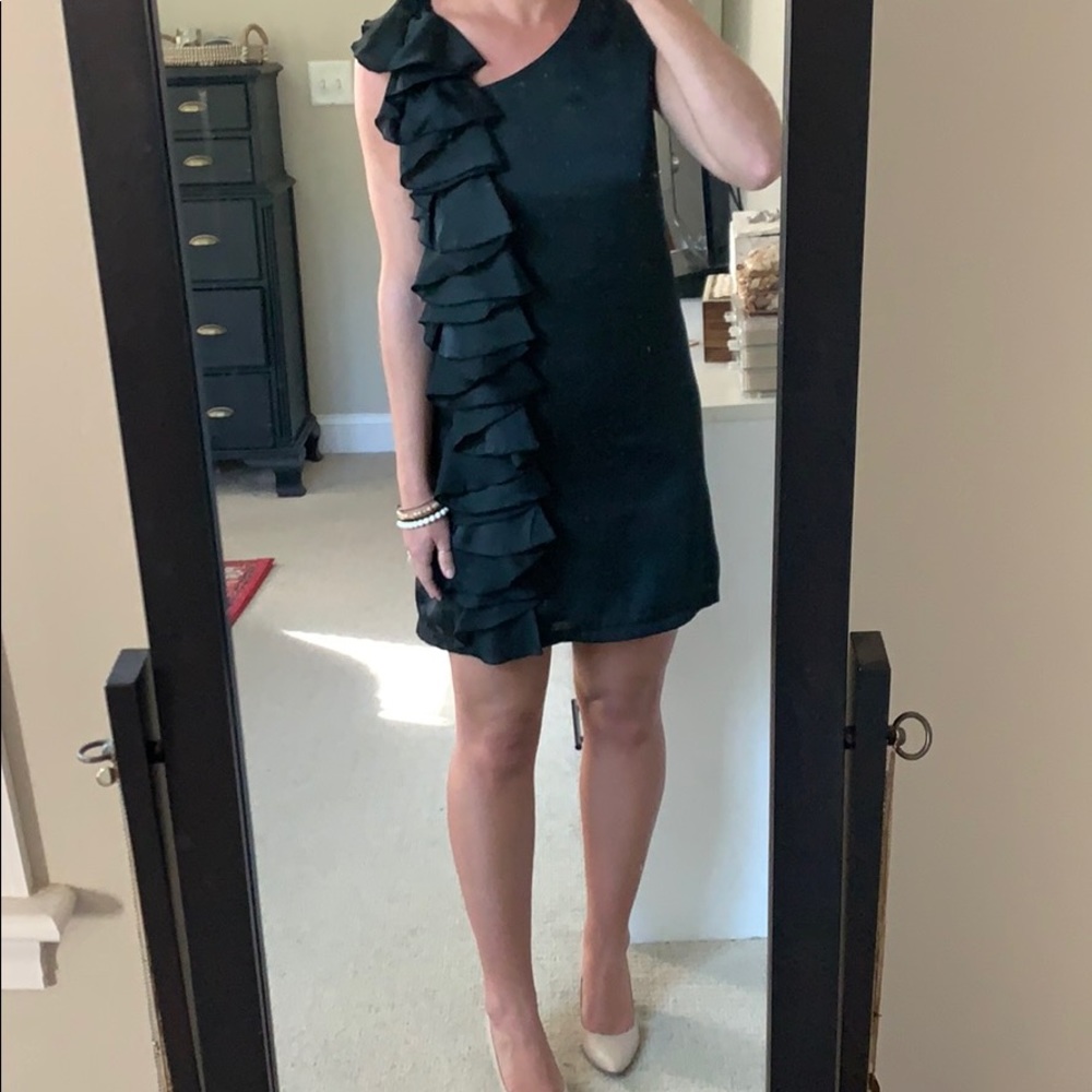 Black satin shift dress with ruffle